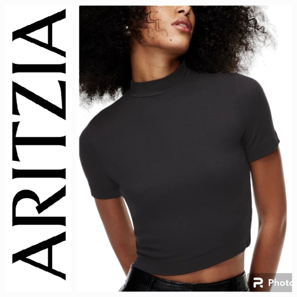 Aritzia Babaton GONZALO T-SHIRT High Neck Ribbed Crop Top Womans XL - Picture 1 of 6